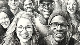 Black and white photo of young people smiling
