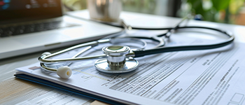 Medical file and stethoscope on desktop